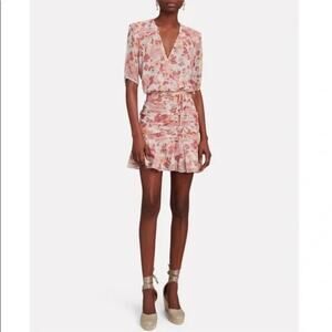 Veronica Beard Dakota Silk Chiffon Ruched Floral Faux Wrap Dress in Melon Size 4